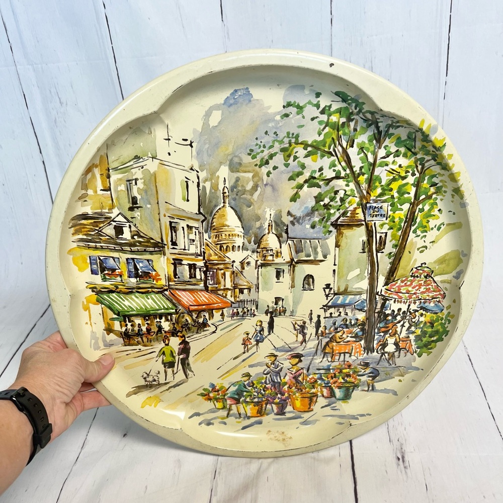 Vintage 1971 Daher Paris Street Scene Tin Tray Montmartre Sacre Coeur Decor 16”